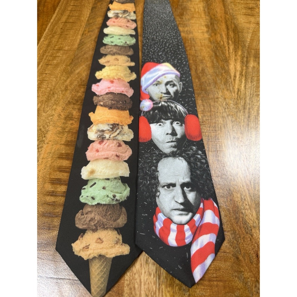 Vintage Ralph Marlin Novelty Tie Lot 2 Three Stooges Christmas Ice Cream 1990s